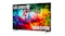 Angled view of the LG QNED Mini LED TV showing a colourful abstract display, slim design, and visible stand legs Angled view of the LG QNED Mini LED TV showing a colourful abstract display, slim design, and visible stand legs