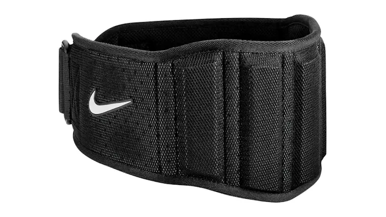 Black Nike Structured Training Belt in Medium, featuring padded, textured panels and a white Swoosh logo on the side Black Nike Structured Training Belt in Medium, featuring padded, textured panels and a white Swoosh logo on the side