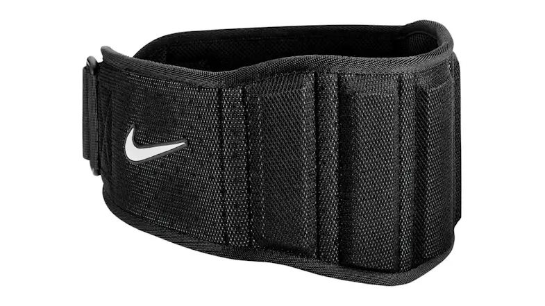 Black Nike structured training belt in large, featuring padded, textured fabric and a white Swoosh logo on the side Black Nike structured training belt in large, featuring padded, textured fabric and a white Swoosh logo on the side