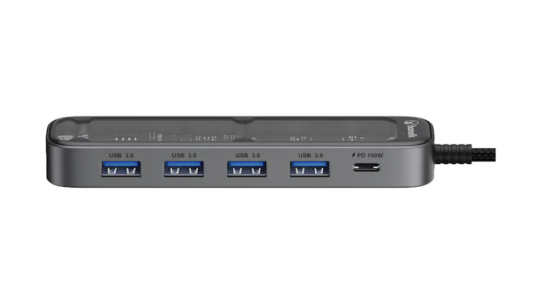 USB-C hub side view with four USB 3.0 ports and one PD 100W port on a sleek aluminium body USB-C hub side view with four USB 3.0 ports and one PD 100W port on a sleek aluminium body