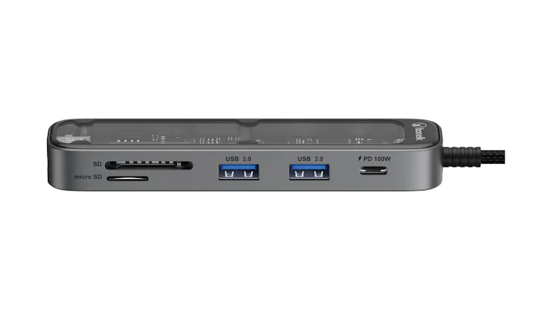 Front view of a USB-C hub with four USB 3.0 ports and a 100W PD charging port Front view of a USB-C hub with four USB 3.0 ports and a 100W PD charging port