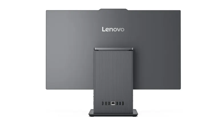 A back view of a Lenovo all‑in‑one computer with a dark grey back panel, the Lenovo logo, and a centred stand with I/O ports A back view of a Lenovo all‑in‑one computer with a dark grey back panel, the Lenovo logo, and a centred stand with I/O ports