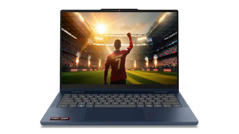A laptop screen showing a soccer player celebrating in a stadium with a crowd, fireworks, and sunset lighting A laptop screen showing a soccer player celebrating in a stadium with a crowd, fireworks, and sunset lighting
