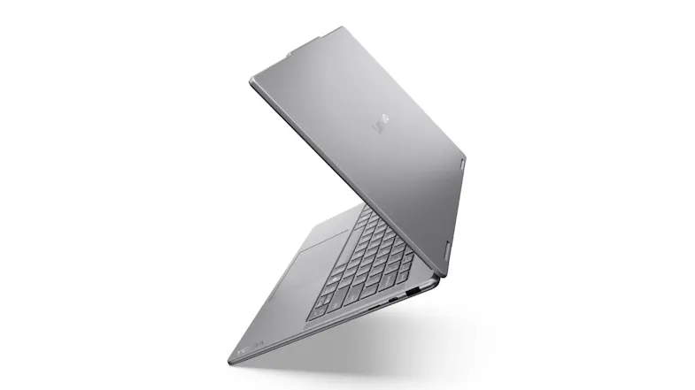 Lenovo Yoga 2‑in‑1 laptop partially folded, showing slim grey design, keyboard, and flexible hinge Lenovo Yoga 2‑in‑1 laptop partially folded, showing slim grey design, keyboard, and flexible hinge