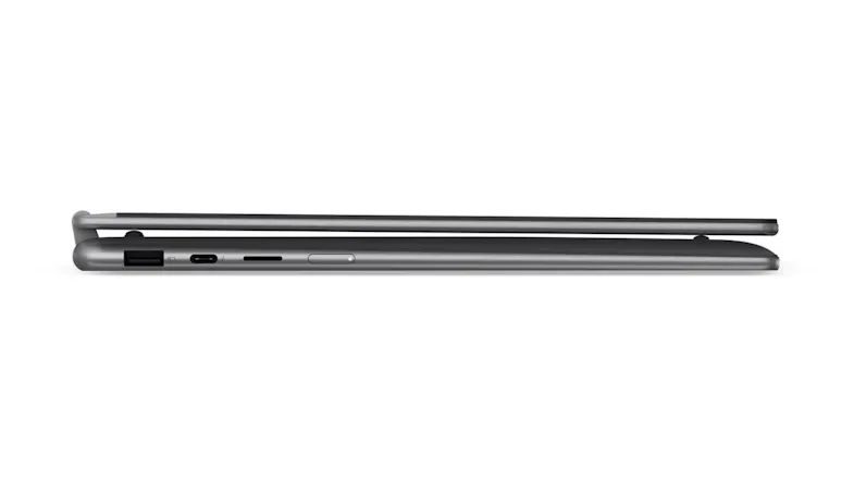 Profile view of a closed Lenovo laptop showing USB, USB‑C, and audio ports with a thin grey metallic design Profile view of a closed Lenovo laptop showing USB, USB‑C, and audio ports with a thin grey metallic design