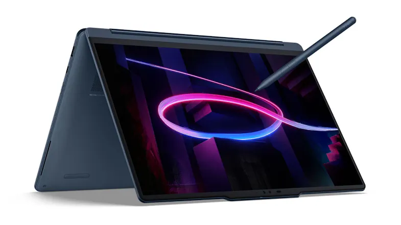 Lenovo Yoga 9 laptop with digital pen in tablet mode, featuring a colourful pink neon loop design Lenovo Yoga 9 laptop with digital pen in tablet mode, featuring a colourful pink neon loop design