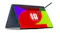 Lenovo Yoga 2-in-1 laptop in tent mode with stylus, displaying colourful Lenovo FIFA logo on touchscreen Lenovo Yoga 2-in-1 laptop in tent mode with stylus, displaying colourful Lenovo FIFA logo on touchscreen