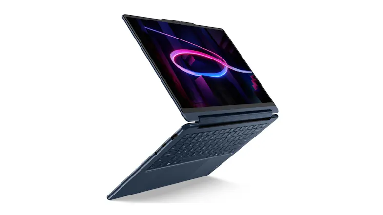 Modern Lenovo Yoga 9 laptop in floating position with pink neon swirl wallpaper Modern Lenovo Yoga 9 laptop in floating position with pink neon swirl wallpaper