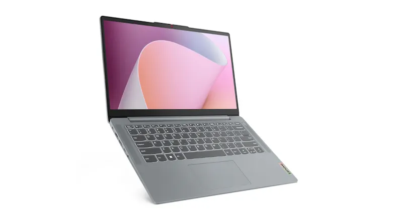 Grey Lenovo laptop open, showing full keyboard, touchpad, and pink abstract display Grey Lenovo laptop open, showing full keyboard, touchpad, and pink abstract display