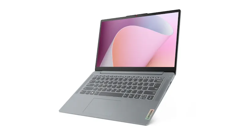Open Lenovo Ideapad Slim 3 laptop, featuring a full keyboard, touchpad, and soft pink abstract display Open Lenovo Ideapad Slim 3 laptop, featuring a full keyboard, touchpad, and soft pink abstract display