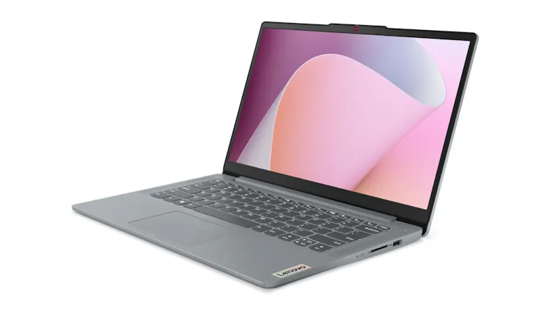 Slim grey Lenovo laptop showing pink gradient wallpaper and full keyboard layout Slim grey Lenovo laptop showing pink gradient wallpaper and full keyboard layout