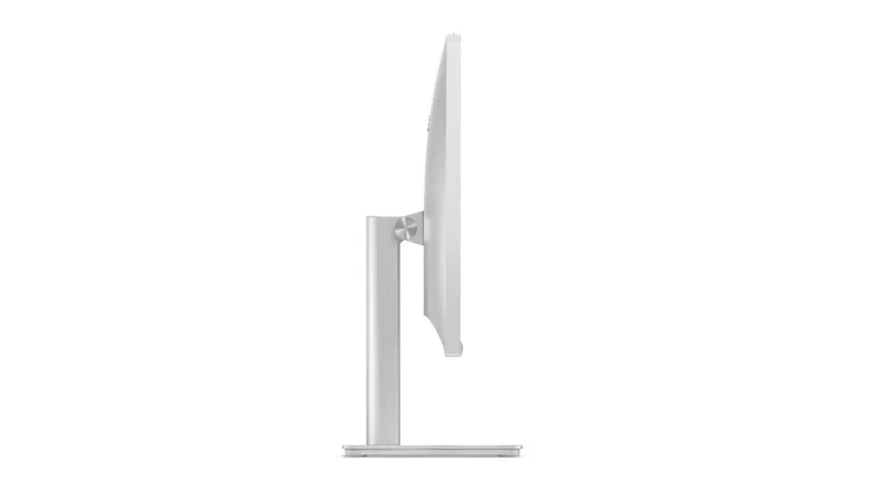 A left side view of the Lenovo all‑in‑one PC, highlighting the thin screen profile and sturdy white metal stand A left side view of the Lenovo all‑in‑one PC, highlighting the thin screen profile and sturdy white metal stand