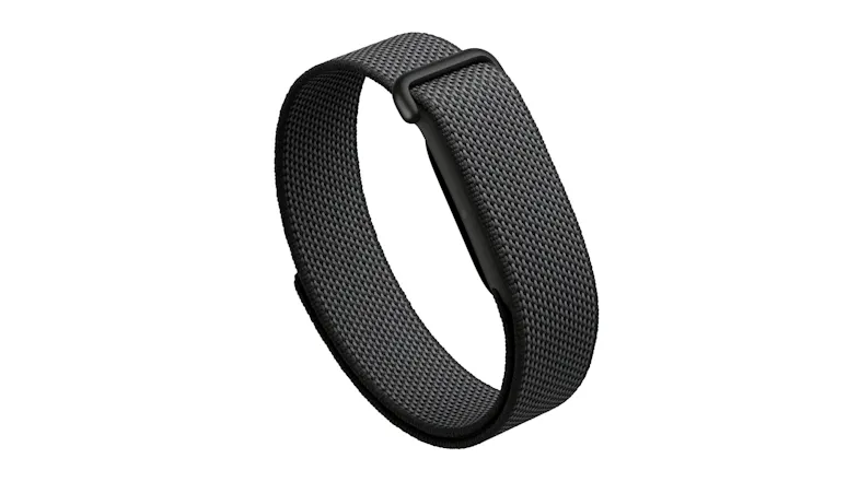A close-up of the clasp and woven band of a black Fitbit Air fitness tracker A close-up of the clasp and woven band of a black Fitbit Air fitness tracker