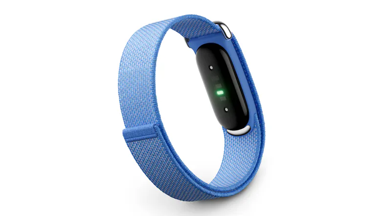 A blue woven Fitbit Air fitness tracker band, showing the underside with sensors and a clasp A blue woven Fitbit Air fitness tracker band, showing the underside with sensors and a clasp