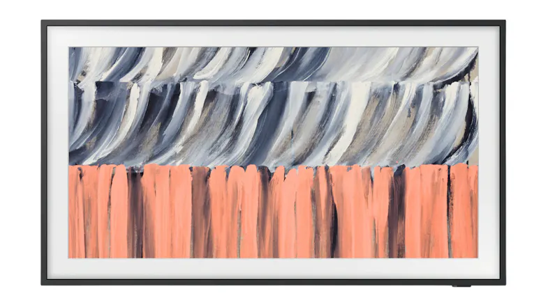 A front view of Samsung The Frame TV displaying abstract artwork in blue, grey, and coral tones with a slim black bezel A front view of Samsung The Frame TV displaying abstract artwork in blue, grey, and coral tones with a slim black bezel