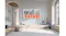 A modern living room with a framed TV displaying abstract art above a bench, with a pouf, plant, and large arched windows A modern living room with a framed TV displaying abstract art above a bench, with a pouf, plant, and large arched windows