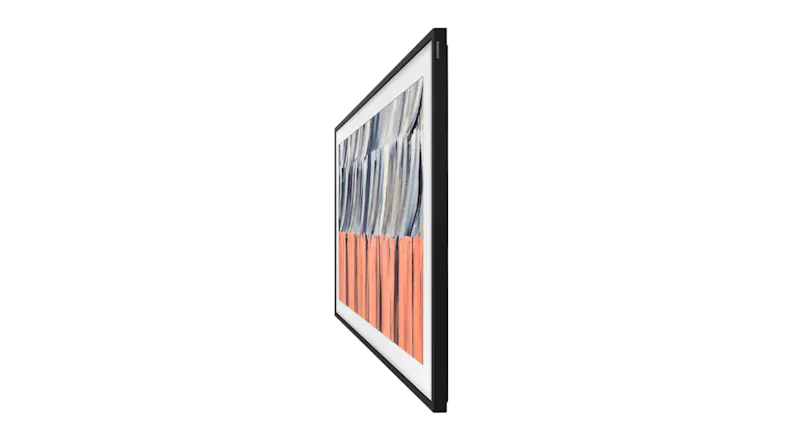 A side view of a slim, framed TV displaying abstract art with grey, wave-like strokes over coral vertical lines A side view of a slim, framed TV displaying abstract art with grey, wave-like strokes over coral vertical lines