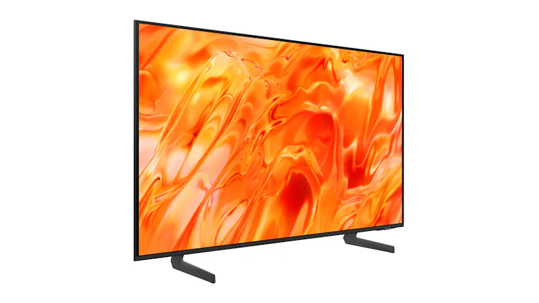 Samsung Neo QLED TV angled to the left, featuring orange abstract visuals, a slim frame, and dual stand legs Samsung Neo QLED TV angled to the left, featuring orange abstract visuals, a slim frame, and dual stand legs