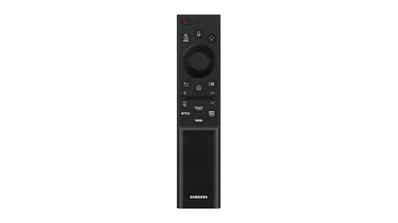 Black Samsung TV remote with a circular control pad and shortcut buttons for Netflix, YouTube, and Prime Video Black Samsung TV remote with a circular control pad and shortcut buttons for Netflix, YouTube, and Prime Video