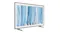An angled front view of a wide TV with a thin black frame showing blue abstract streak artwork An angled front view of a wide TV with a thin black frame showing blue abstract streak artwork