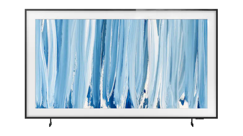 Front view of a slim TV with a white mat border and blue abstract display Front view of a slim TV with a white mat border and blue abstract display
