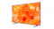 Angled view of a thin Samsung TV showing bright orange abstract artwork on a nearly bezel-less display Angled view of a thin Samsung TV showing bright orange abstract artwork on a nearly bezel-less display
