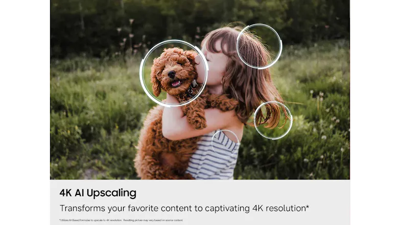 4K AI upscaling demo image showing sharper detail and enhanced clarity on a Samsung OLED TV screen 4K AI upscaling demo image showing sharper detail and enhanced clarity on a Samsung OLED TV screen