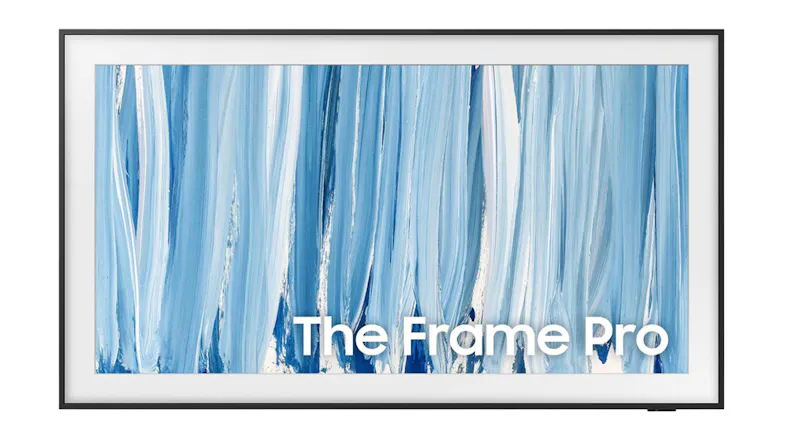 A Samsung 65" LS03HW The Frame TV displaying abstract blue and white brushstroke artwork, with the text “The Frame Pro” on the screen A Samsung 65" LS03HW The Frame TV displaying abstract blue and white brushstroke artwork, with the text “The Frame Pro” on the screen