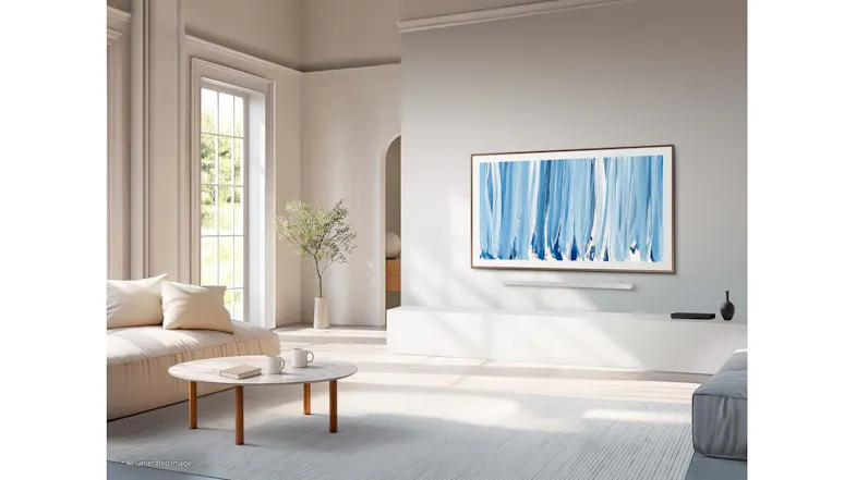 A bright, modern living room with a TV showing abstract blue artwork, styled like a framed painting above a shelf A bright, modern living room with a TV showing abstract blue artwork, styled like a framed painting above a shelf
