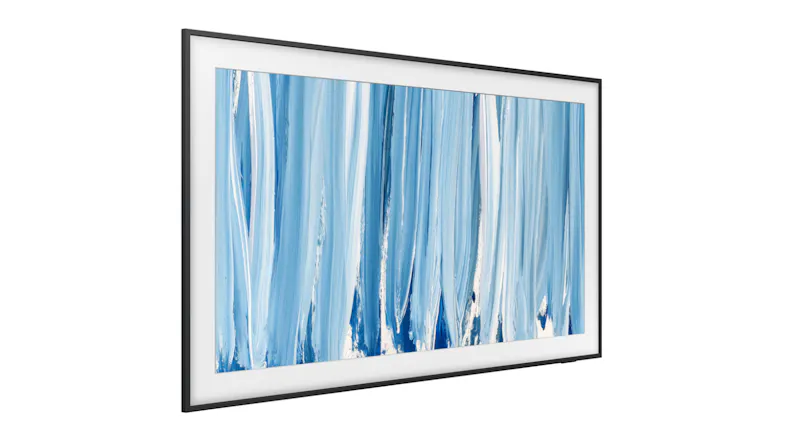 An angled view of a slim, black-framed TV showing a blue abstract vertical brushstroke painting on a white mat An angled view of a slim, black-framed TV showing a blue abstract vertical brushstroke painting on a white mat