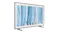 An angled front view of a wide TV with a thin black frame showing blue abstract streak artwork An angled front view of a wide TV with a thin black frame showing blue abstract streak artwork