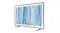 A framed flat-screen TV displaying blue abstract brushstroke artwork, shown at a slight angle on a slim stand A framed flat-screen TV displaying blue abstract brushstroke artwork, shown at a slight angle on a slim stand