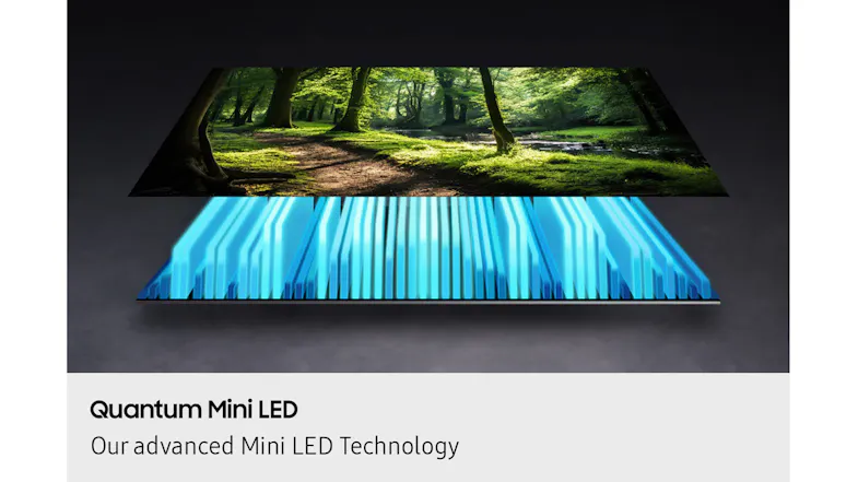 Stacked display showing a forest scene above a glowing blue mini-LED grid, illustrating backlight technology Stacked display showing a forest scene above a glowing blue mini-LED grid, illustrating backlight technology