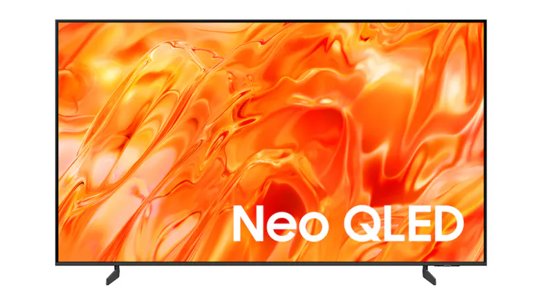Slim Samsung 65" Neo QLED TV displaying vivid orange abstract visuals with “Neo QLED” text on the screen Slim Samsung 65" Neo QLED TV displaying vivid orange abstract visuals with “Neo QLED” text on the screen