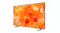 Angled view of a thin Samsung TV showing bright orange abstract artwork on a nearly bezel-less display Angled view of a thin Samsung TV showing bright orange abstract artwork on a nearly bezel-less display
