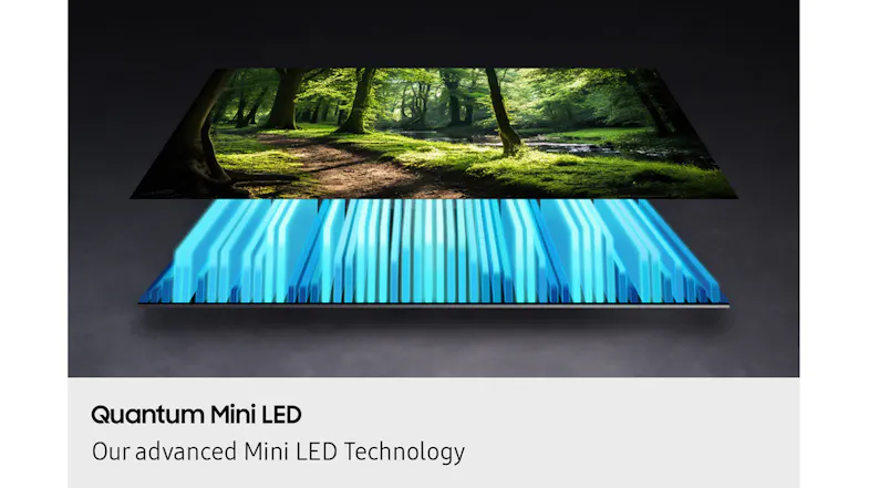 Stacked display showing a forest scene above a glowing blue mini-LED grid, illustrating backlight technology Stacked display showing a forest scene above a glowing blue mini-LED grid, illustrating backlight technology