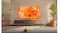 Modern living room with a wall-mounted TV displaying bright abstract art above a wooden console and a plant Modern living room with a wall-mounted TV displaying bright abstract art above a wooden console and a plant