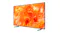 Angled view of a thin Samsung TV showing bright orange abstract artwork on a nearly bezel-less display Angled view of a thin Samsung TV showing bright orange abstract artwork on a nearly bezel-less display