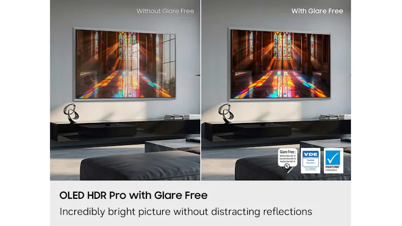 OLED HDR Pro with Glare Free feature comparison showing reduced reflections and brighter picture clarity OLED HDR Pro with Glare Free feature comparison showing reduced reflections and brighter picture clarity