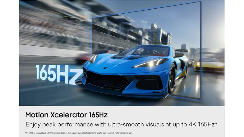 Samsung 4K OLED TV display with Motion Xcelerator 165Hz and sharp, fluid racing visuals Samsung 4K OLED TV display with Motion Xcelerator 165Hz and sharp, fluid racing visuals
