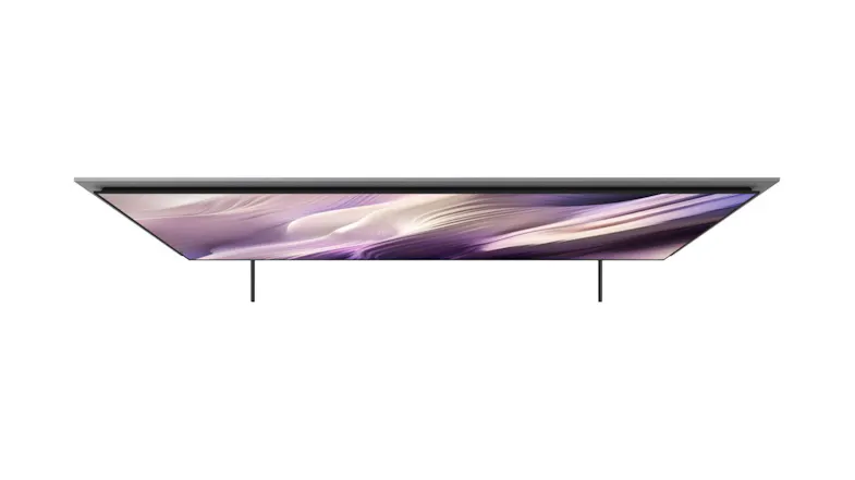 Top view of the ultra-slim Samsung OLED TV showcasing sleek build, thin display, and modern stand legs Top view of the ultra-slim Samsung OLED TV showcasing sleek build, thin display, and modern stand legs