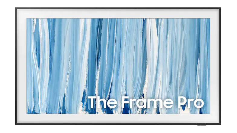 A front view of Samsung’s The Frame Pro TV displaying blue abstract artwork, a slim black bezel, and an art‑inspired picture frame design A front view of Samsung’s The Frame Pro TV displaying blue abstract artwork, a slim black bezel, and an art‑inspired picture frame design