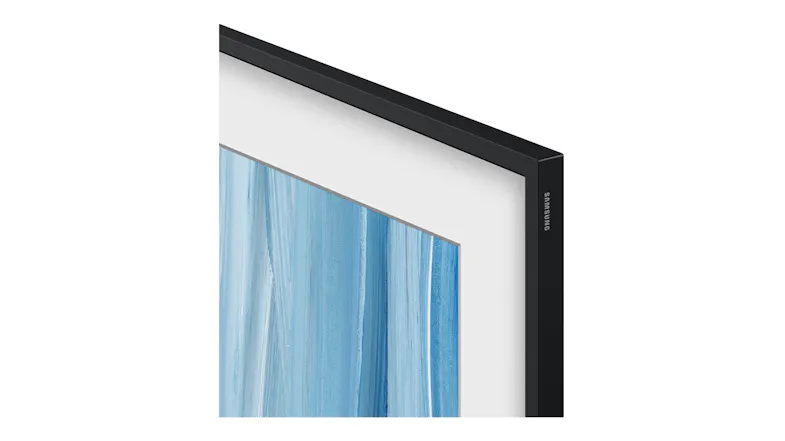 A close‑up corner view of Samsung’s The Frame Pro TV showing a slim black bezel and picture‑frame inspired edge detail A close‑up corner view of Samsung’s The Frame Pro TV showing a slim black bezel and picture‑frame inspired edge detail