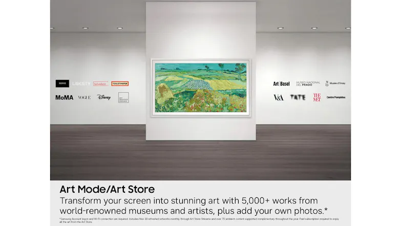 A Samsung TV displayed in Art Mode with museum artwork and logos from world‑renowned galleries A Samsung TV displayed in Art Mode with museum artwork and logos from world‑renowned galleries