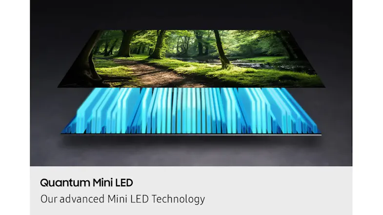 Stacked display showing a forest scene above a glowing blue mini-LED grid, illustrating backlight technology Stacked display showing a forest scene above a glowing blue mini-LED grid, illustrating backlight technology