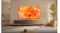Modern living room with a wall-mounted TV displaying bright abstract art above a wooden console and a plant Modern living room with a wall-mounted TV displaying bright abstract art above a wooden console and a plant