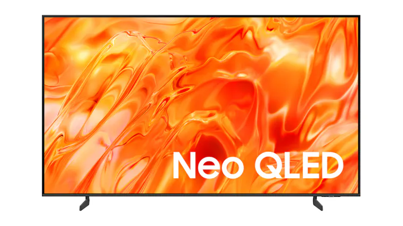 Slim Samsung 85" Neo QLED TV displaying vivid orange abstract visuals with “Neo QLED” text on the screen Slim Samsung 85" Neo QLED TV displaying vivid orange abstract visuals with “Neo QLED” text on the screen