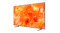 Angled view of a thin Samsung TV showing bright orange abstract artwork on a nearly bezel-less display Angled view of a thin Samsung TV showing bright orange abstract artwork on a nearly bezel-less display