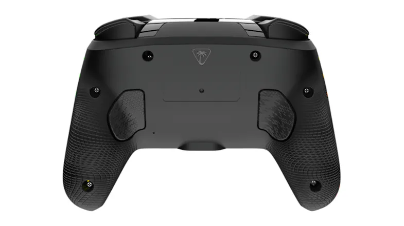 Back view of the black controller, highlighting textured grips Back view of the black controller, highlighting textured grips
