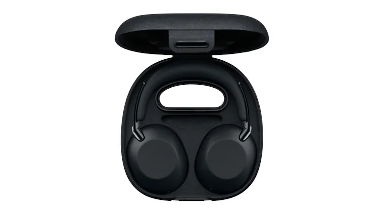 Sony WH‑1000X black headphones folded inside a compact carrying case Sony WH‑1000X black headphones folded inside a compact carrying case